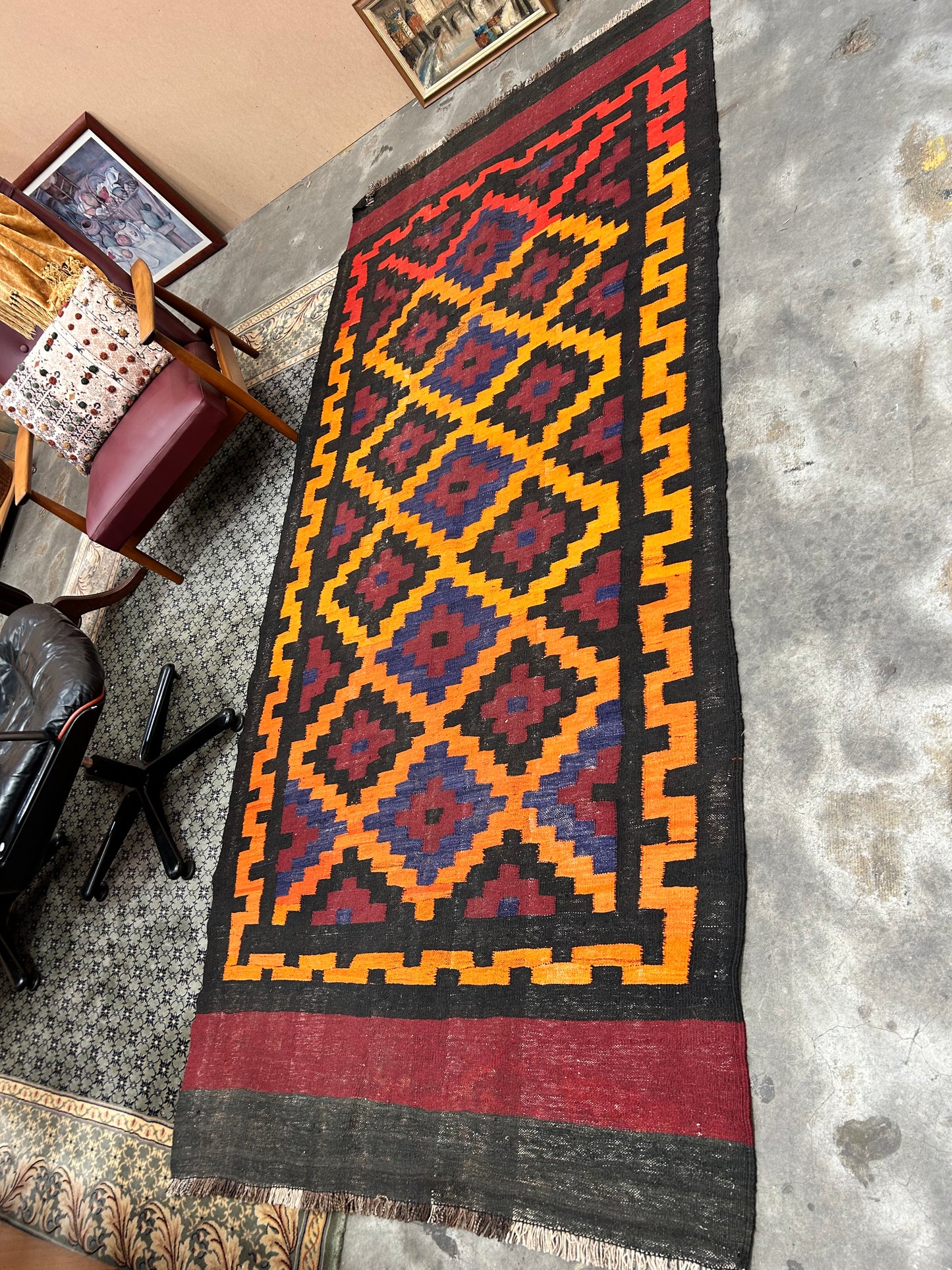 Vintage Persian Rug orange burgundy black tones