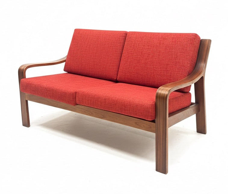 Mid Century Tessa Two seater lounge in walnut with new red upholstery
