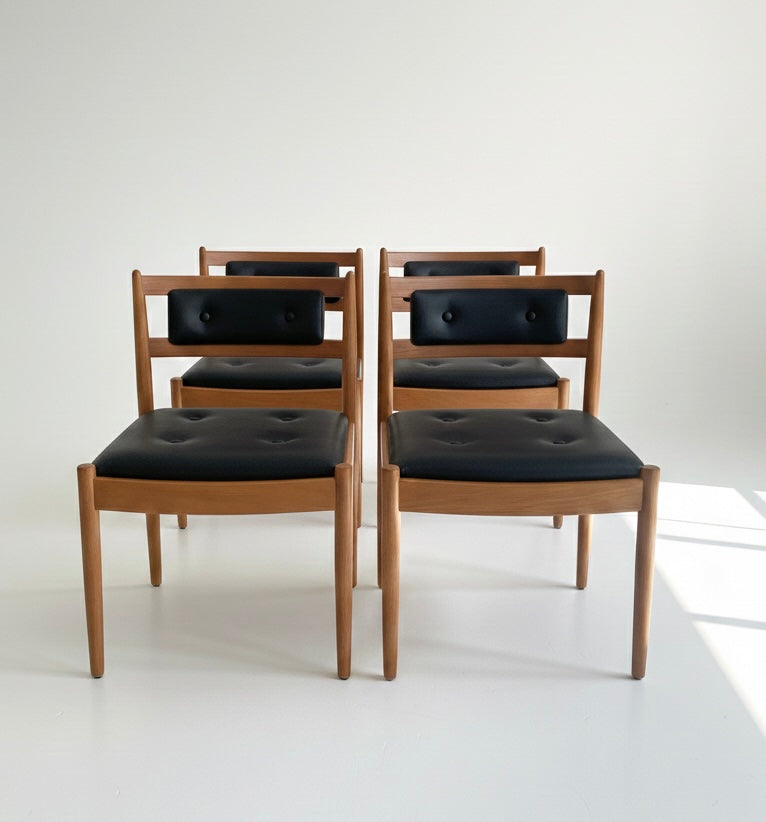 Mid Century Chiswell set of 4 low profile button back chairs teak Custom Upholstery 3-4 weeks lead time 1970s seating dining chairs