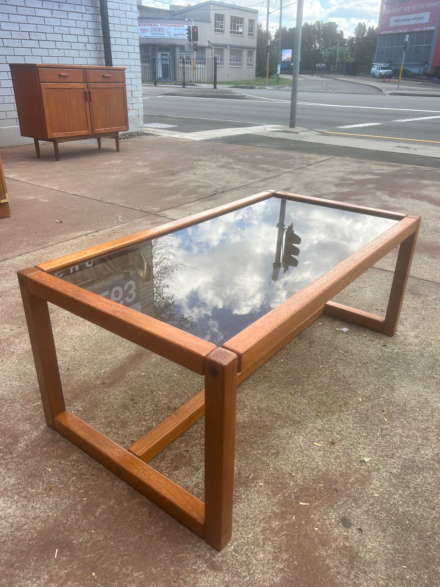 Parker mid century teak table smokey glass 1970s