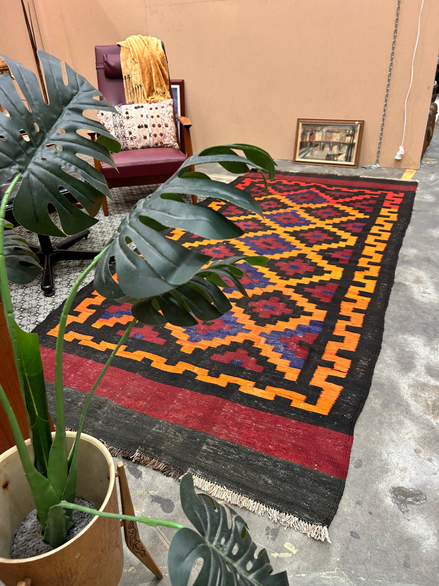 Vintage Persian Rug orange burgundy black tones