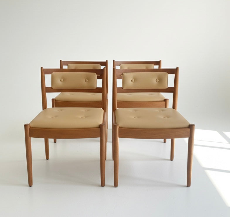 Mid Century Chiswell set of 8 low profile button back chairs teak Custom Upholstery 3-4 weeks lead time 1970s seating dining chairs