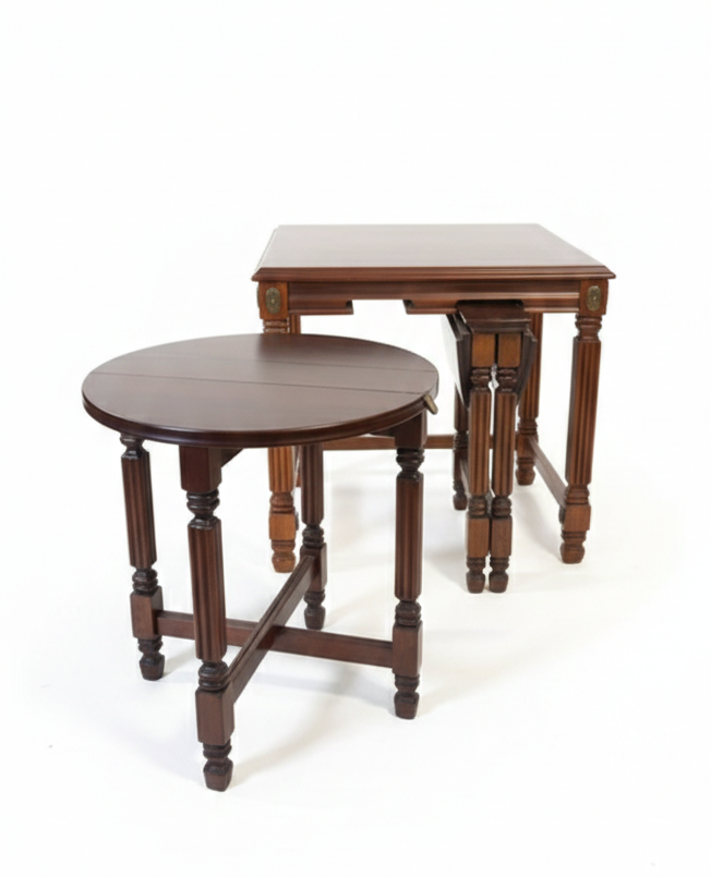 Regency Revival Vintage Quaretto table nesting Walnut Mahogany Veneer Set of three