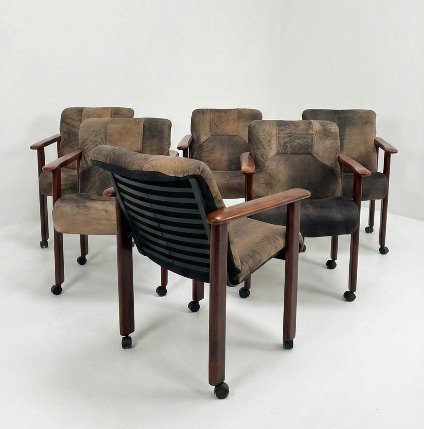 Mid Century Pacific Green Brutalist leather chair previously Post n Rail castors