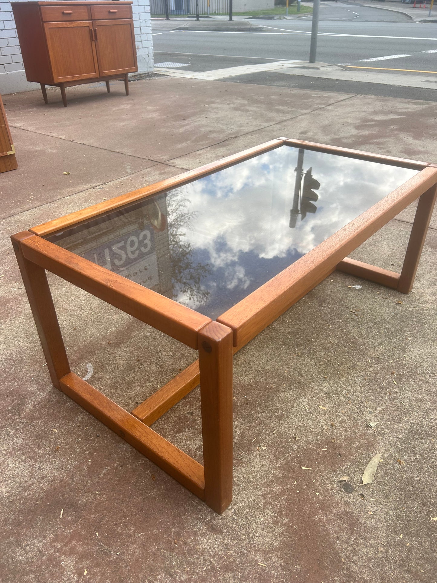 Parker mid century teak table smokey glass 1970s