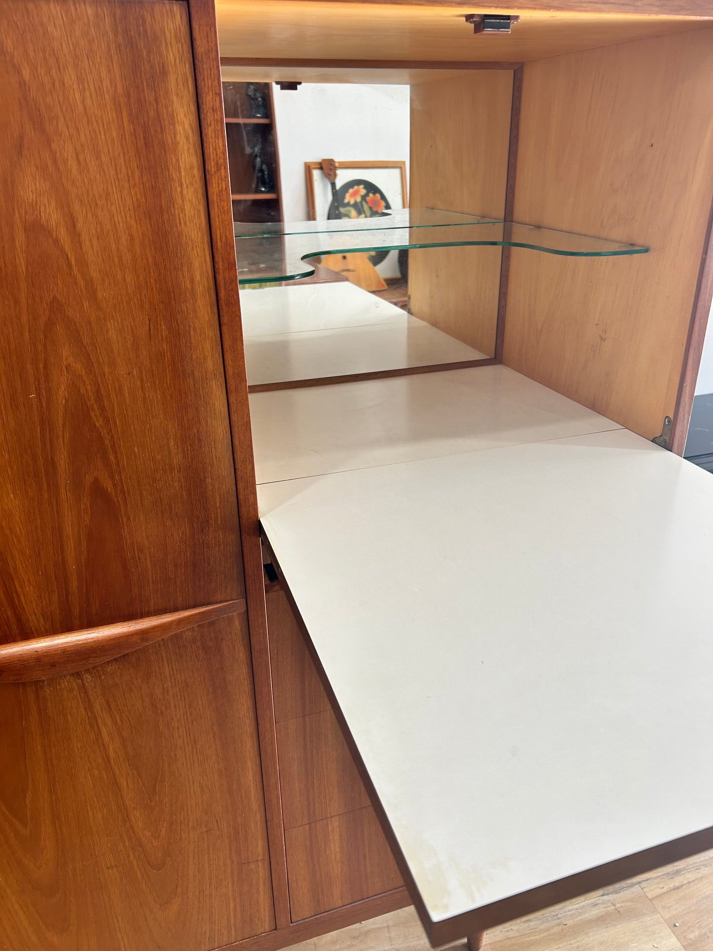 Mid Century Chiswell cocktail liquor cabinet teak wave handle sideboard buffet
