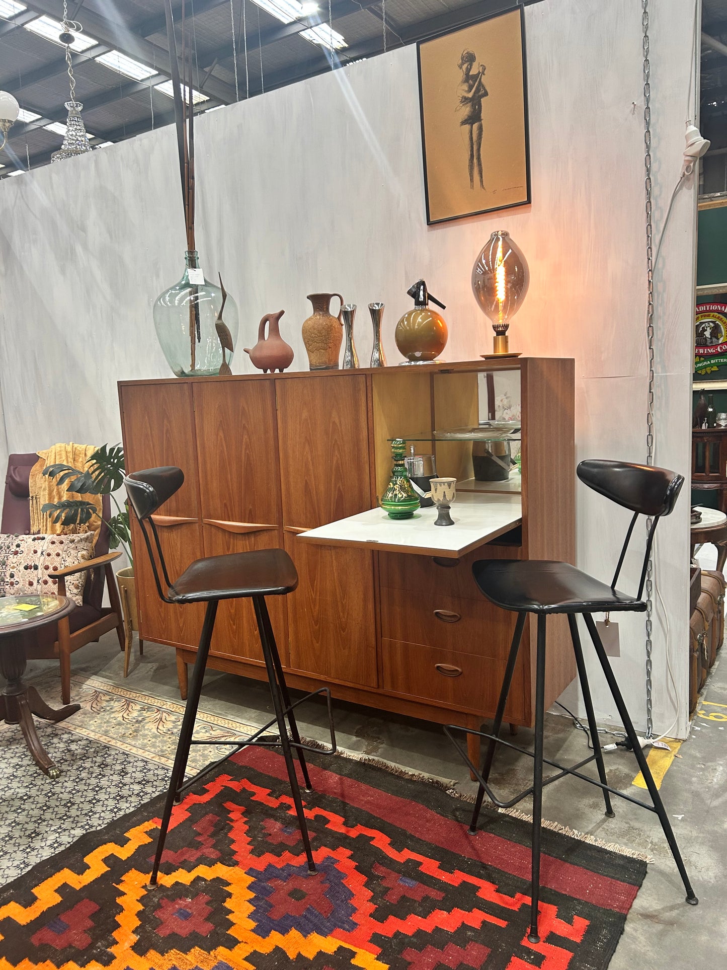 Mid Century Chiswell cocktail liquor cabinet teak wave handle sideboard buffet