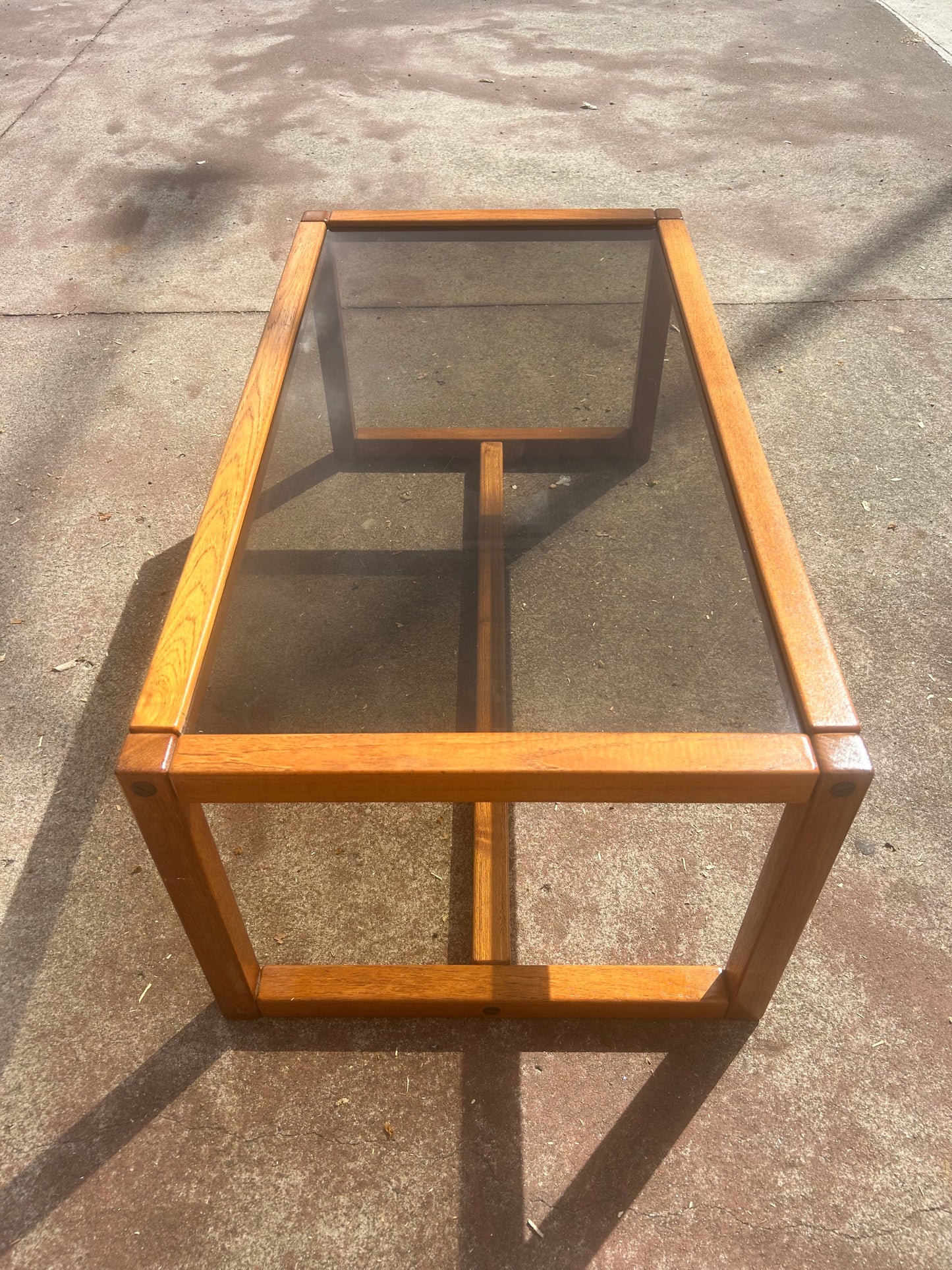 Parker mid century teak table smokey glass 1970s
