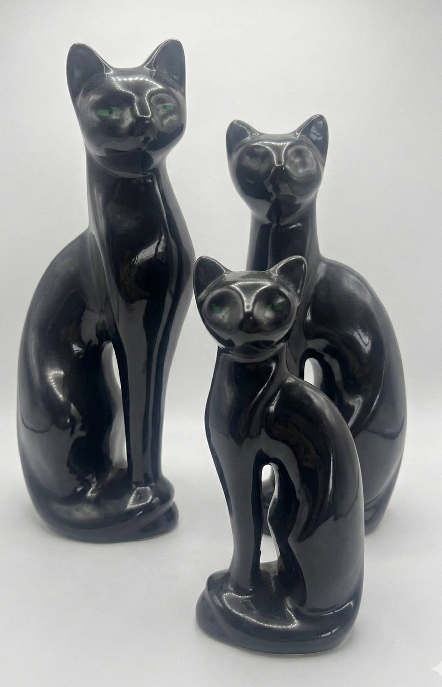 Mid Century Cat family black with green eyes set of three ceramic japan