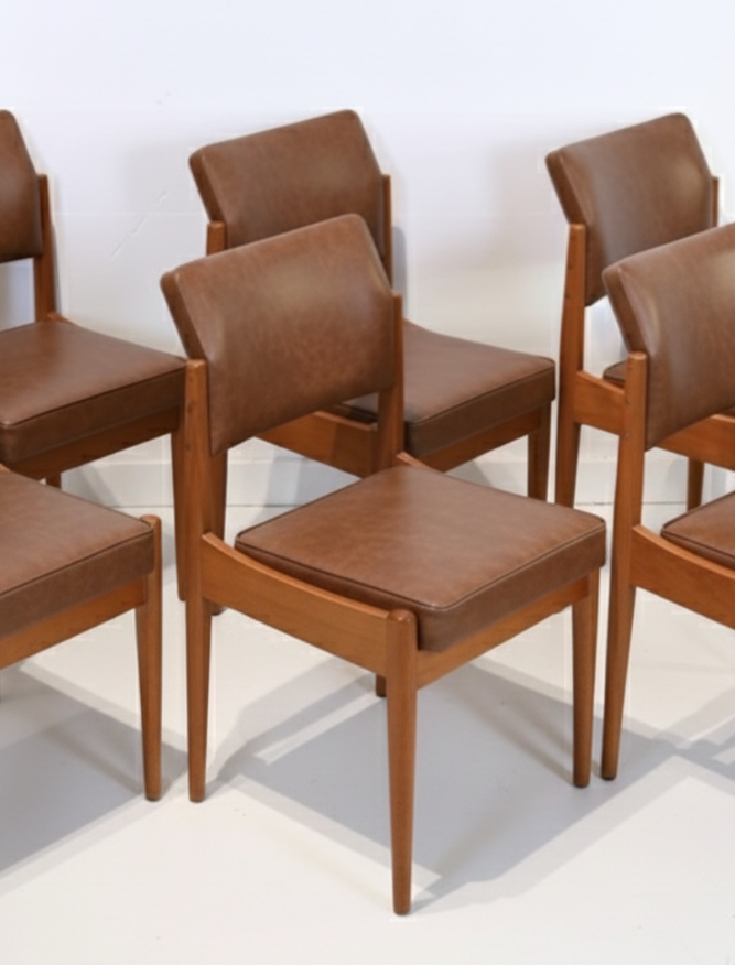 Mid Century Chiswell brown vinyl teak chairs set of six 1970s mcm