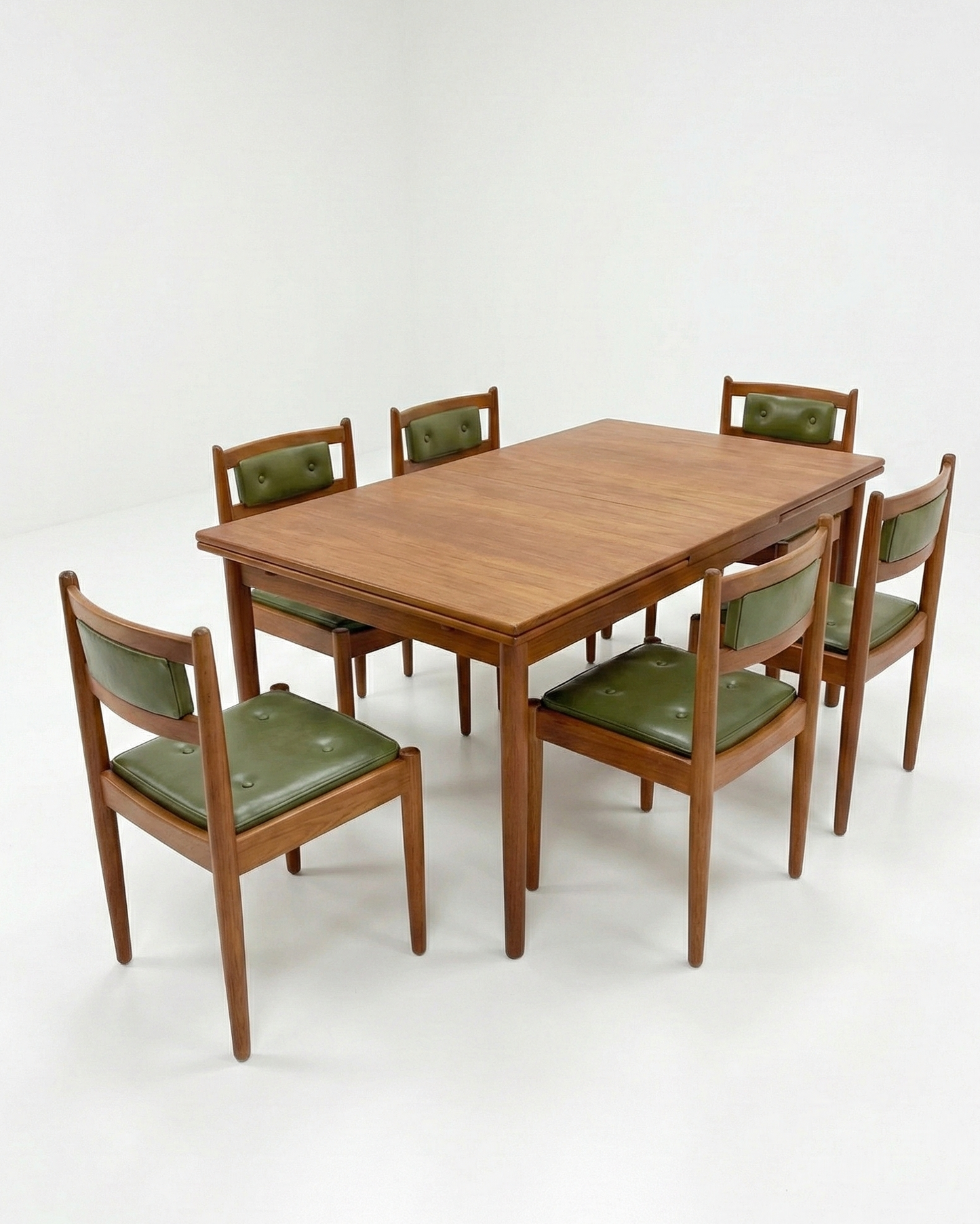 Mid Century Chiswell teak green vinyl button back short chair set of six seats retro vintage mcm