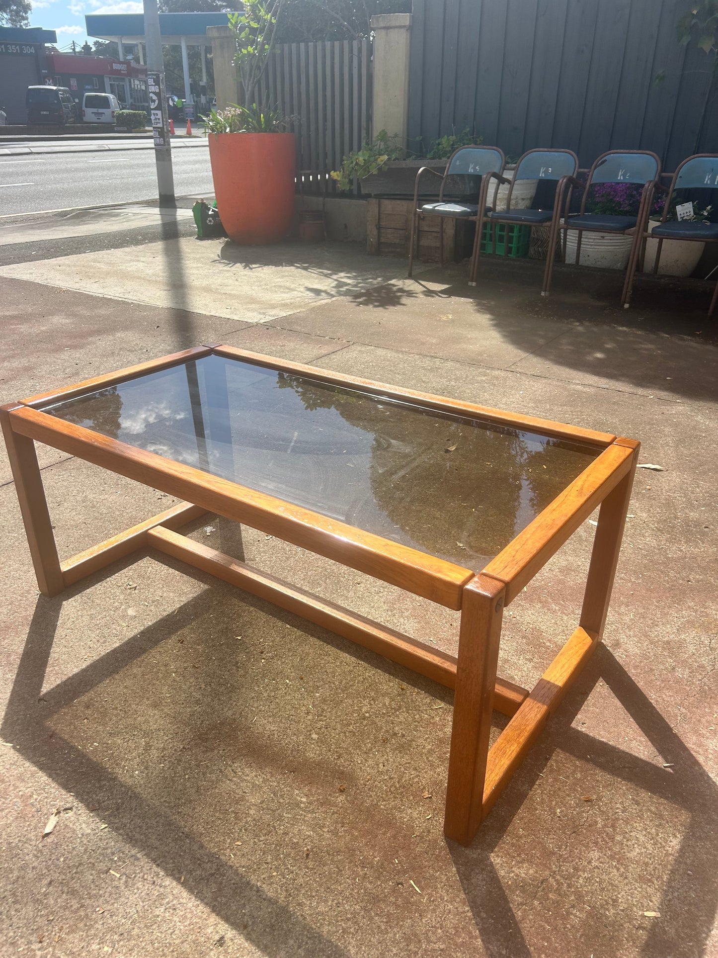 Parker mid century teak table smokey glass 1970s