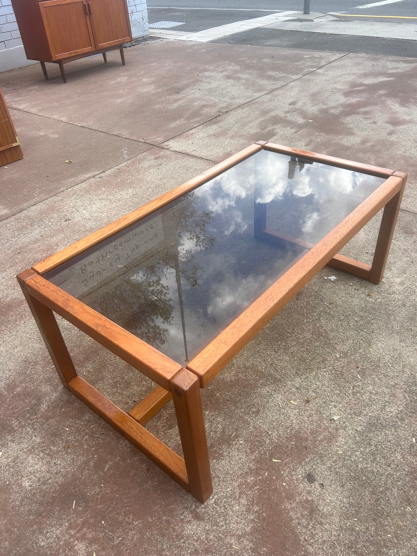 Parker mid century teak table smokey glass 1970s