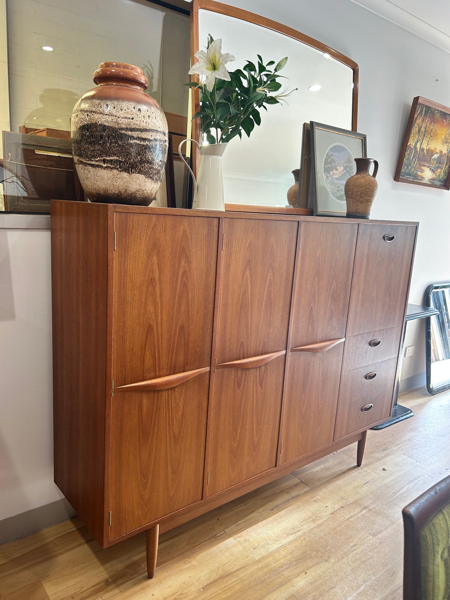 Mid Century Chiswell cocktail liquor cabinet teak wave handle sideboard buffet
