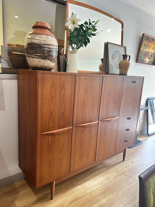 Mid Century Chiswell cocktail liquor cabinet teak wave handle sideboard buffet