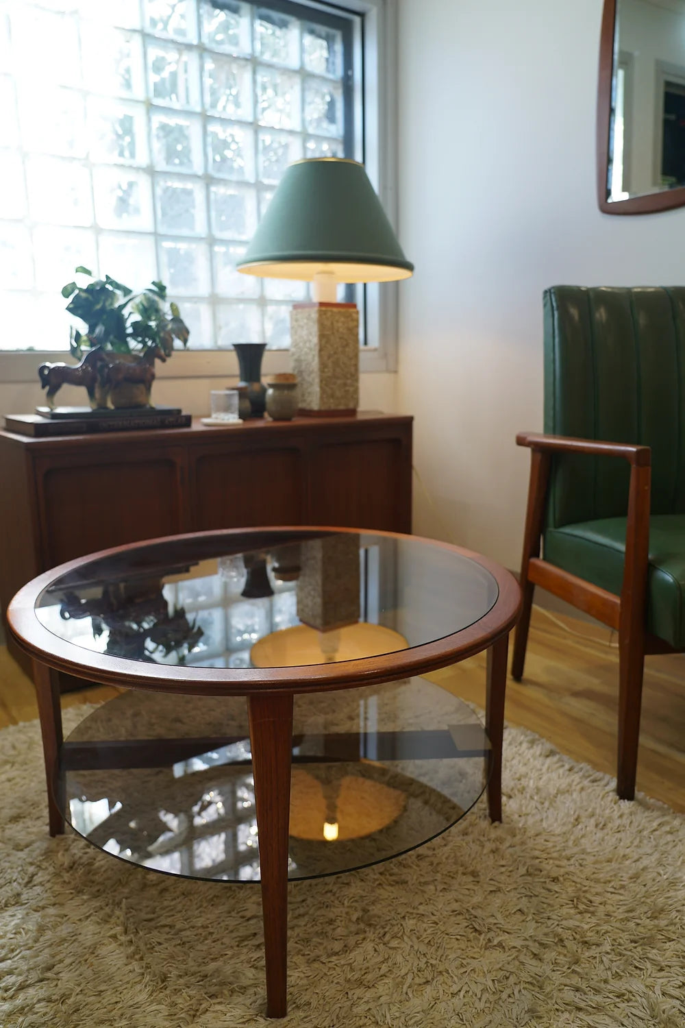 Chiswell 2 Tier Smoked Glass and Timber Round Coffee Table