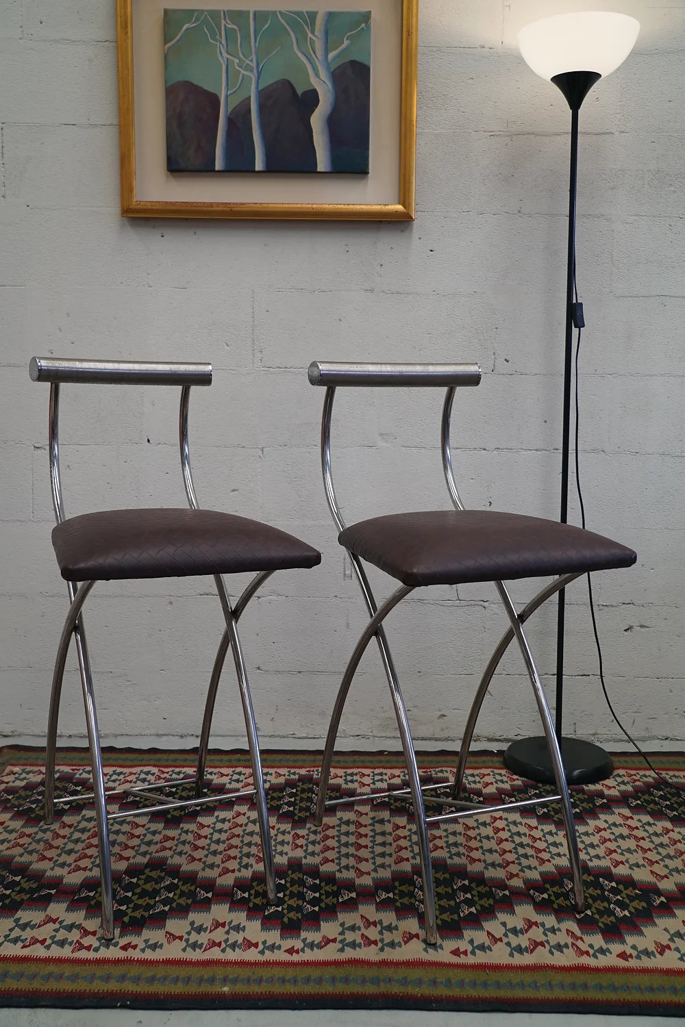 Chrome Tubular Bar Stools With Textured Brown Vinyl Seat