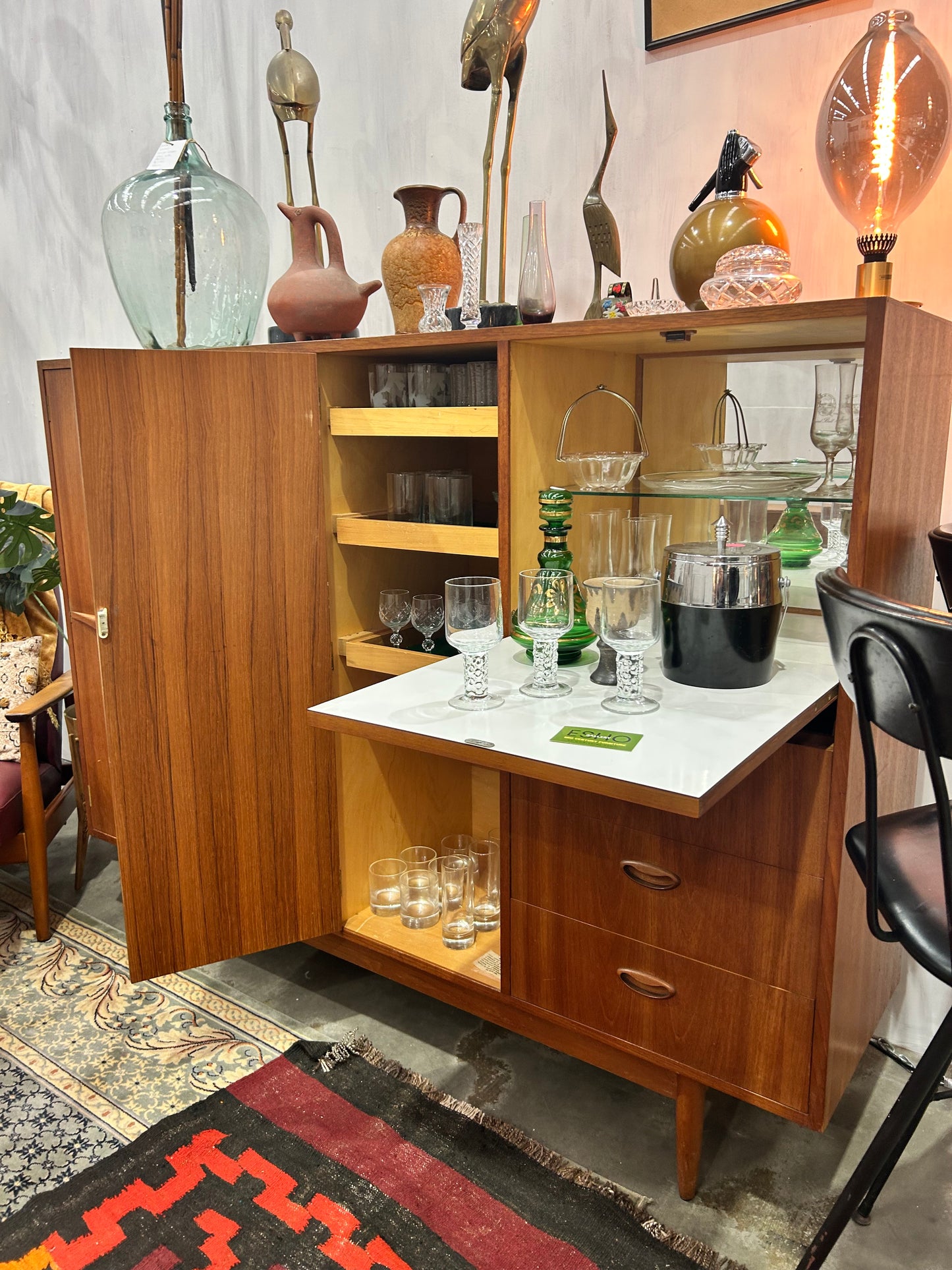 Mid Century Chiswell cocktail liquor cabinet teak wave handle sideboard buffet
