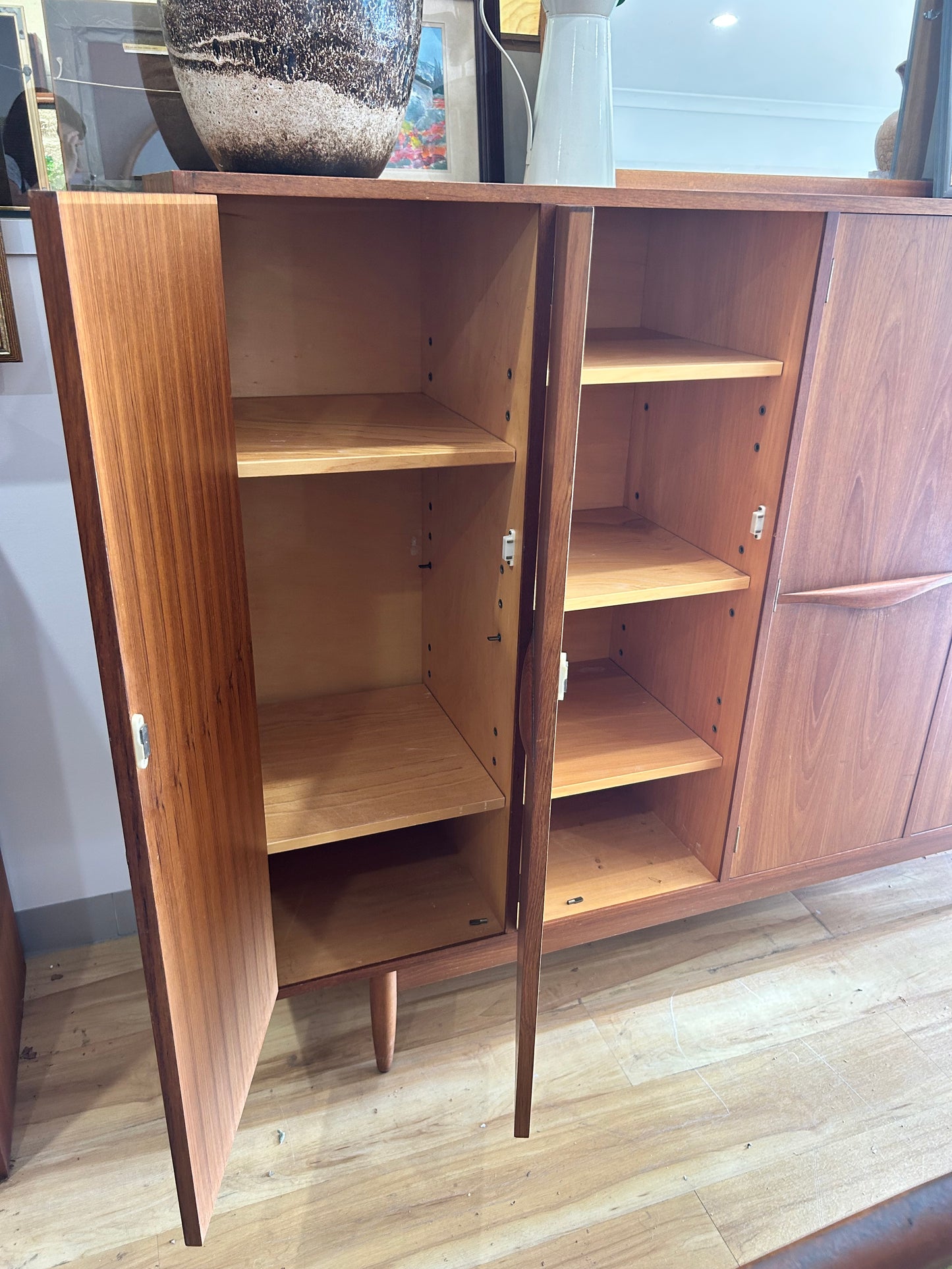 Mid Century Chiswell cocktail liquor cabinet teak wave handle sideboard buffet