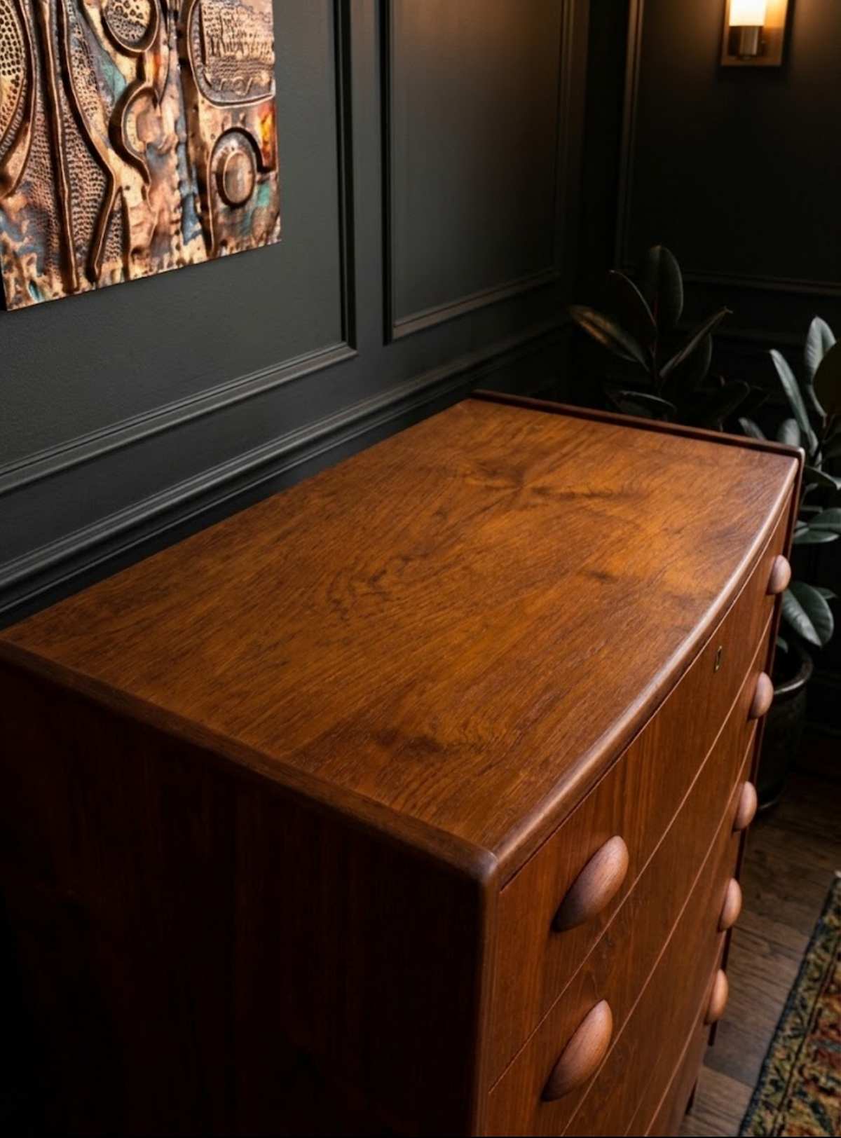 Mid Century Danish Teak Tallboy Bow front 1960s storage draws