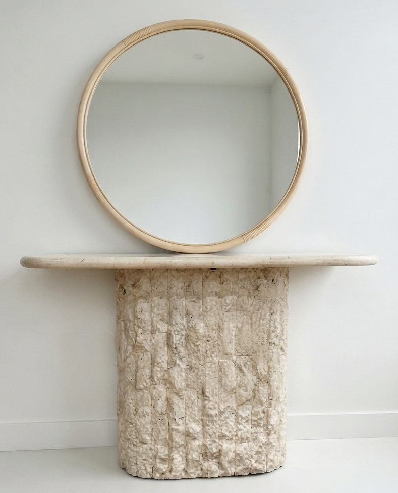 Mid Century Fossil Stone hallway entry table and Cane Mirror