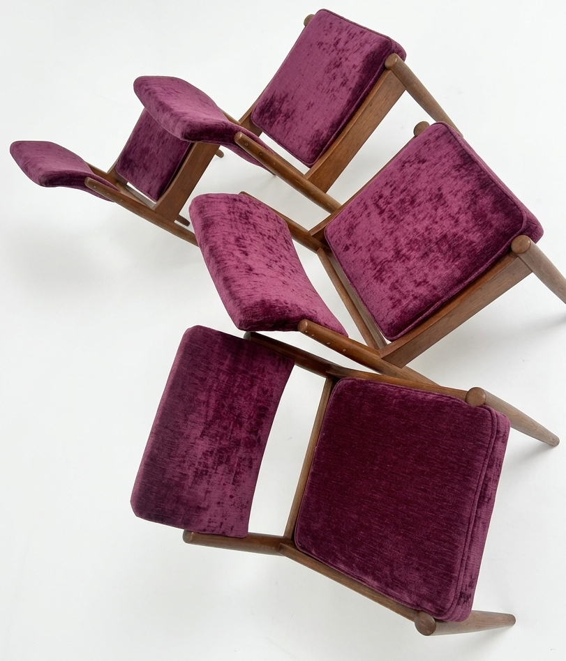 Mid Century Chiswell teak purple crushed velvet set of four retro seats