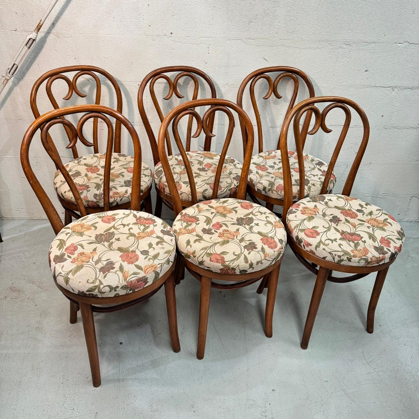 Mid Century Romanian Bentwood Chairs Set with floral upholstered seats
