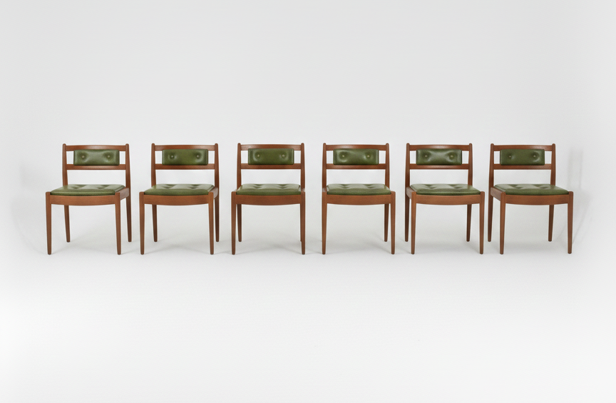 Mid Century Chiswell teak green vinyl button back short chair set of six seats retro vintage mcm