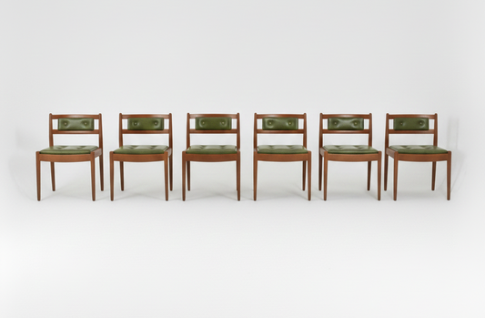 Mid Century Chiswell teak green vinyl button back short chair set of six seats retro vintage mcm