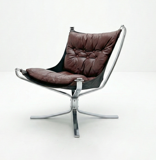 Mid Century chrome Falcon chair seat burgundy leather Norwegian 1970’s by Sigurd Ressell
