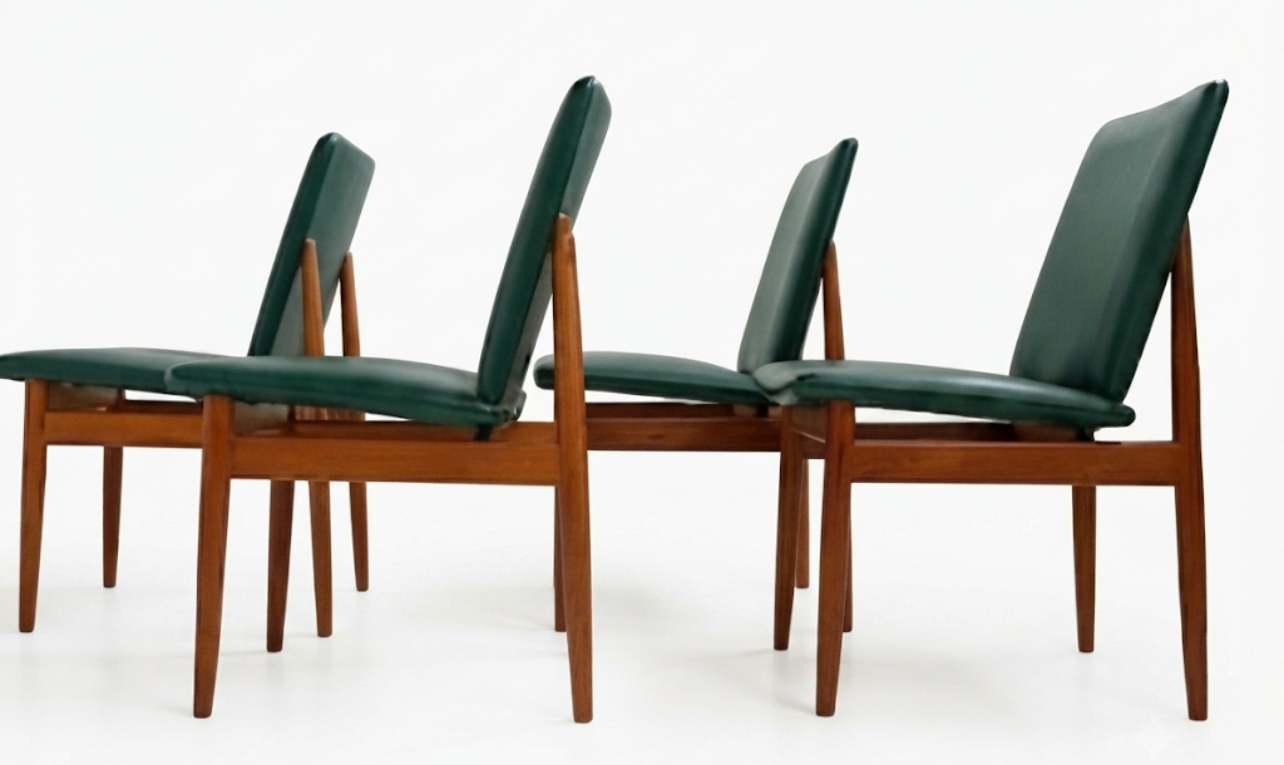 Parker No. 118 Slab Back Nordic Chairs Set of four deep green vinyl teak