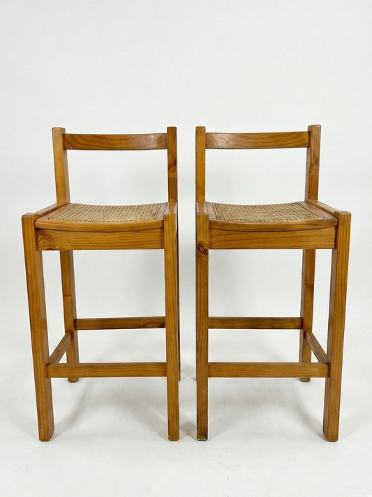 Vintage Pine Bar Stools woven cane 1980s Pair