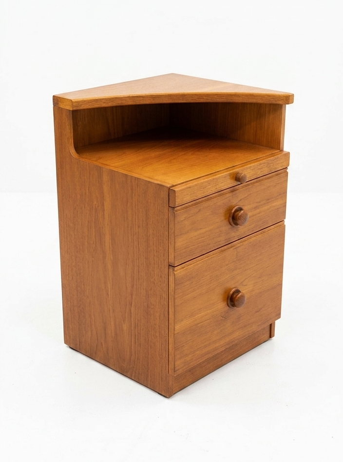 Mid Century Chiswell warm tone teak bedside with pull out table draws storage