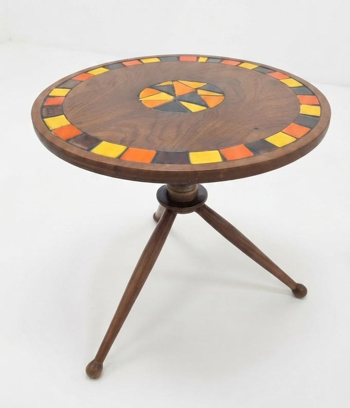 Mid Century Danish round tile top walnut table atomic three feet