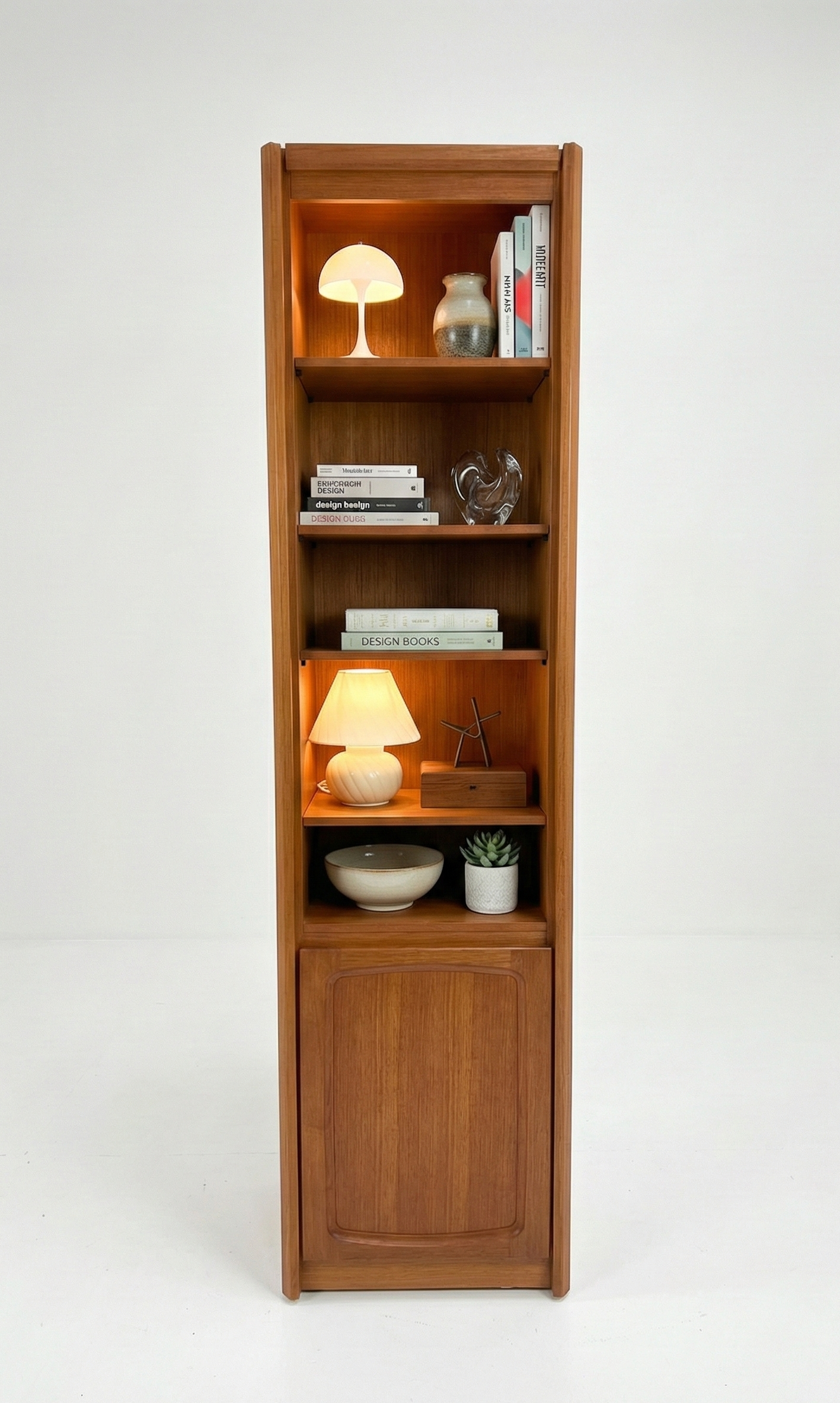 Mid Century Chiswell narrow shelf with cabinet storage teak retro