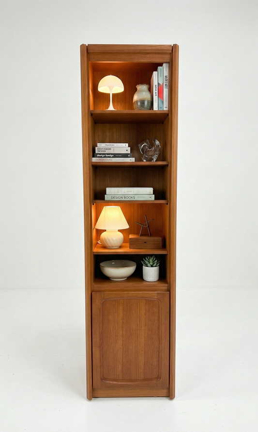 Mid Century Chiswell narrow shelf with cabinet storage teak retro