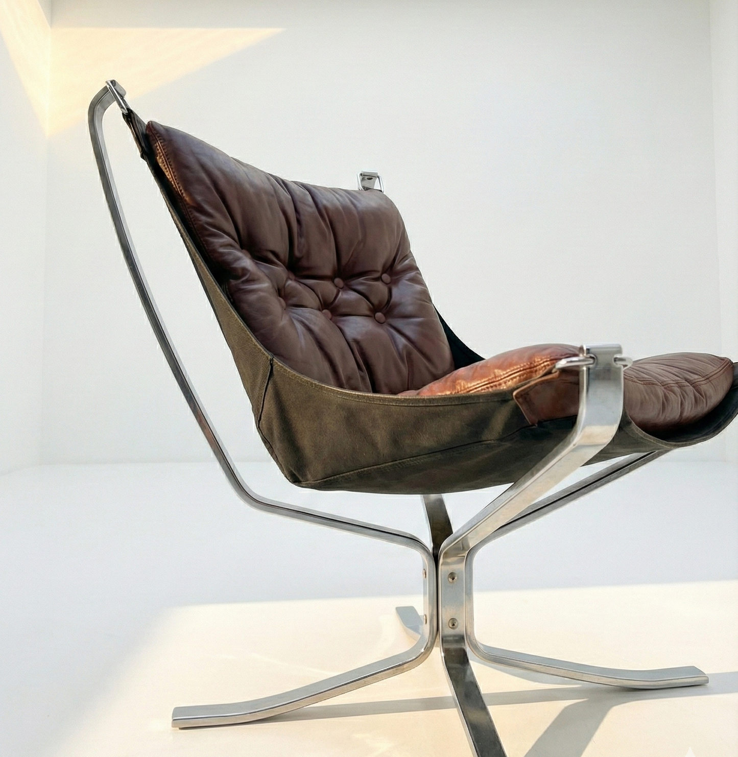 Mid Century chrome Falcon chair seat burgundy leather Norwegian 1970’s by Sigurd Ressell