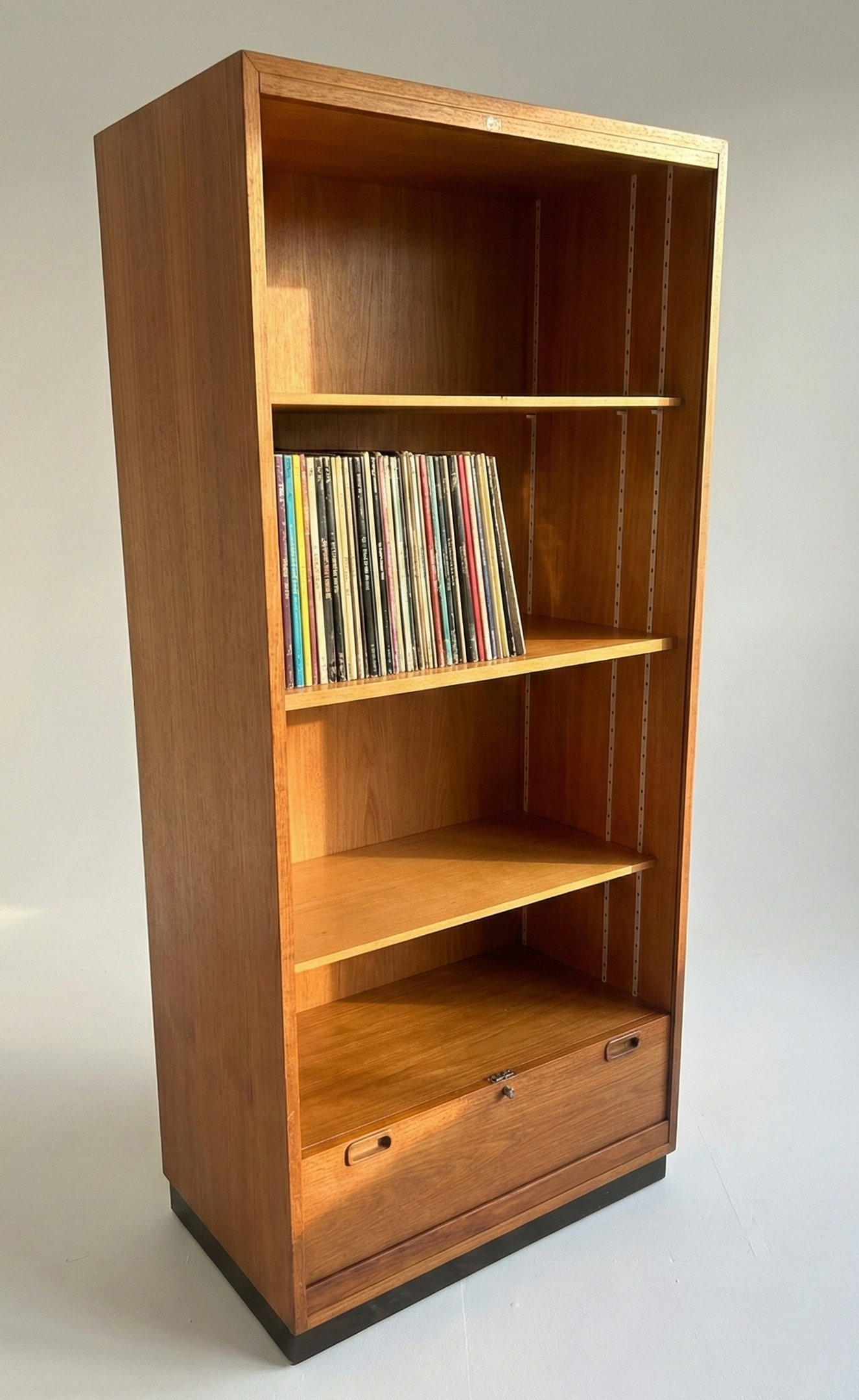 Mid Century Danish Roller shutter cabinet warm teak record holder storage office unit
