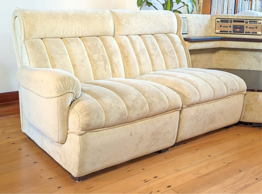 Mid Century cream velvet modular with inbuilt radio lounge coffee table shelf