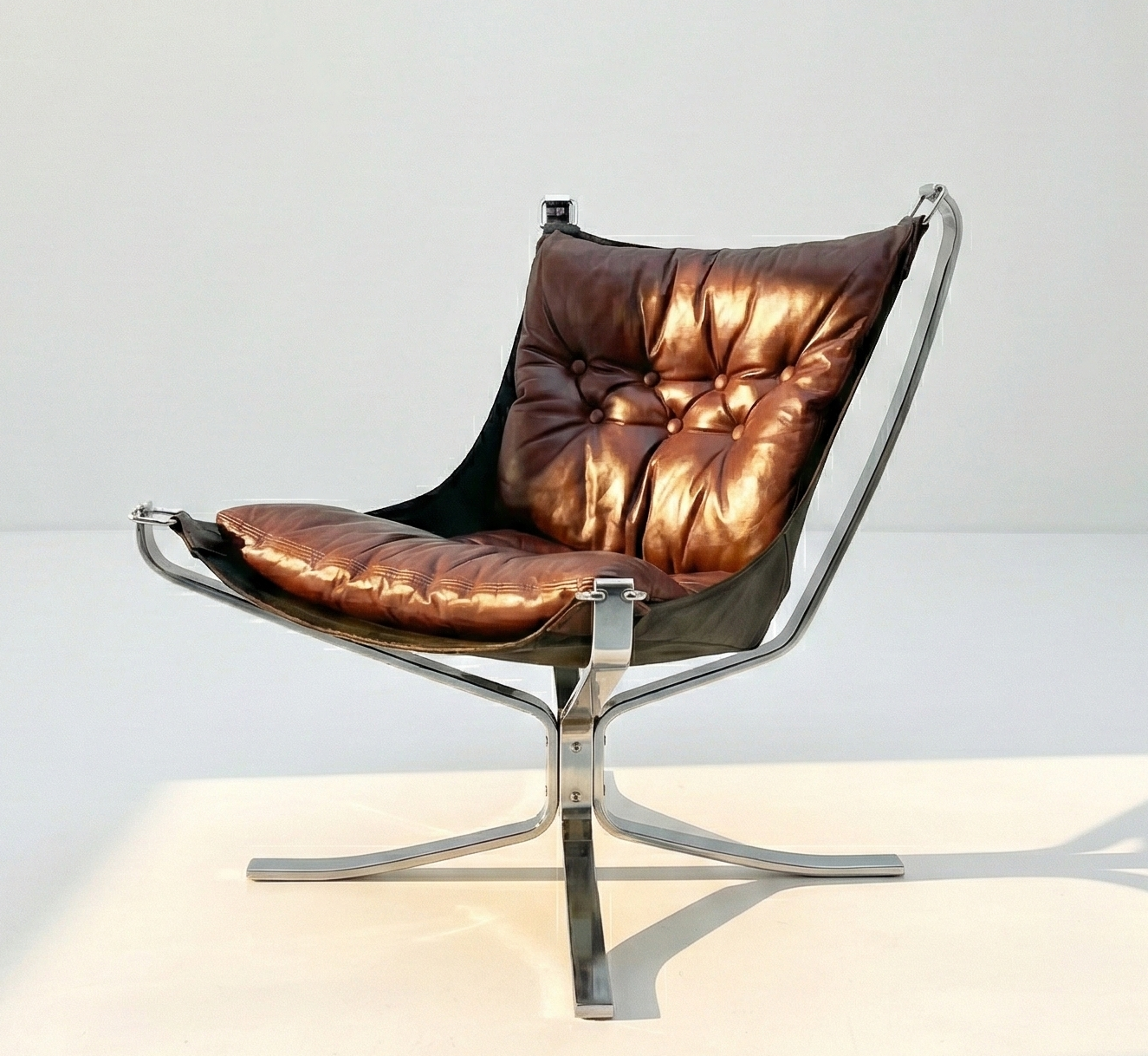 Mid Century chrome Falcon chair seat burgundy leather Norwegian 1970’s by Sigurd Ressell