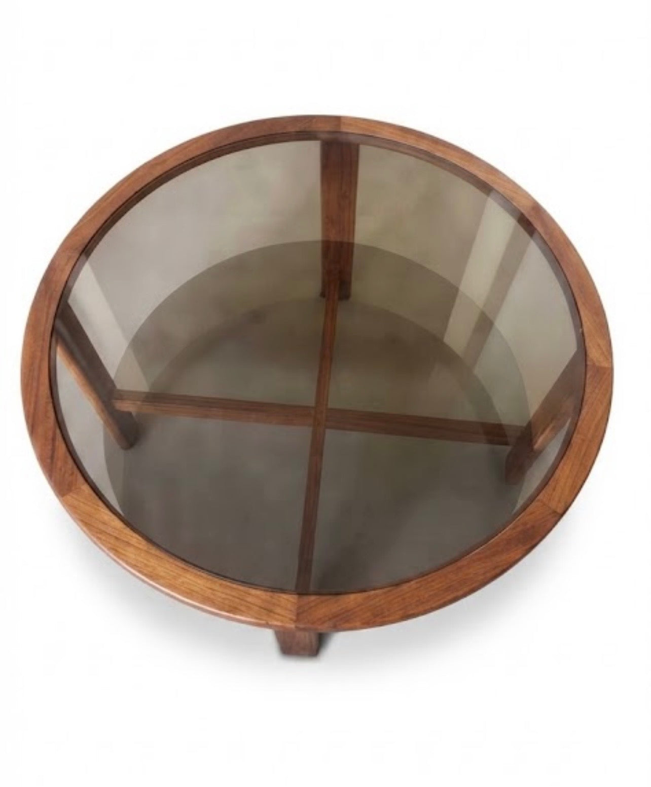 Mid Century Chiswell teak round two tier smokey glass coffee table