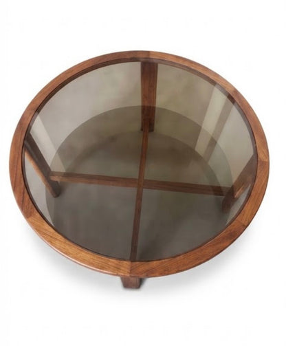 Mid Century Chiswell teak round two tier smokey glass coffee table