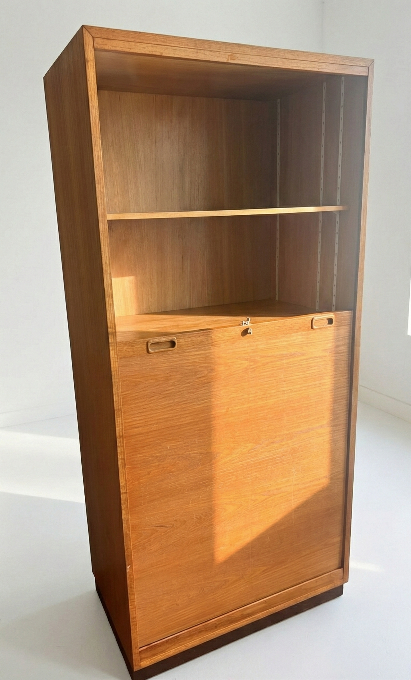 Mid Century Danish Roller shutter cabinet warm teak record holder storage office unit