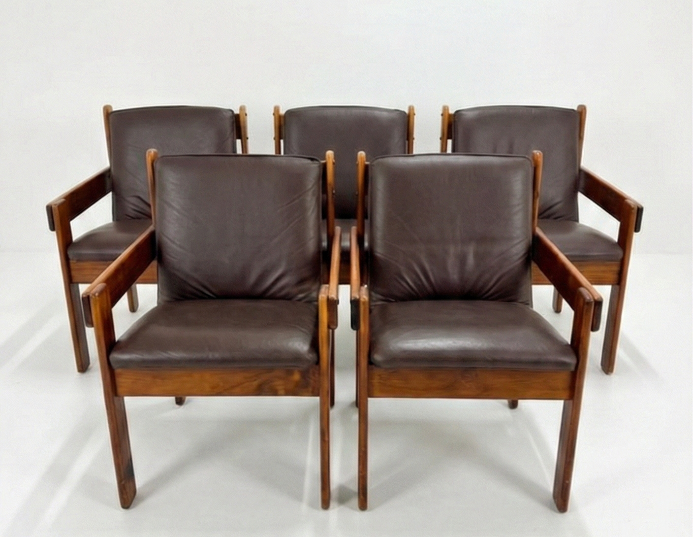 Mid Century Post n Rail leather and solid pine chair retro brutalist
