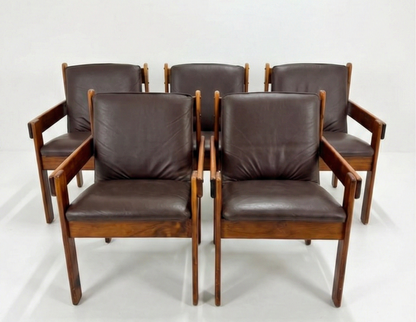 Mid Century Post n Rail leather and solid pine chair retro brutalist