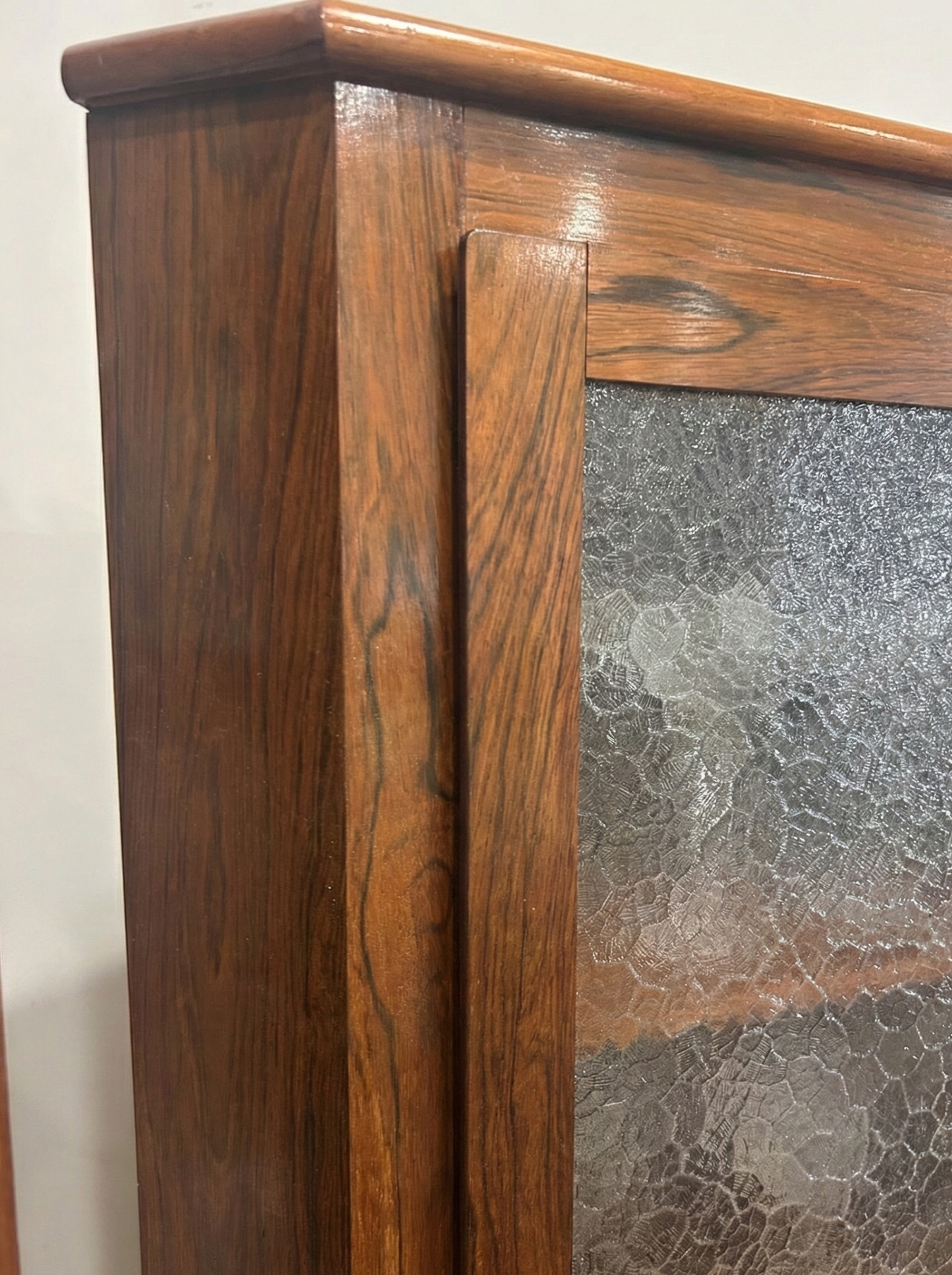 Mid Century Danish Rose wood corner cabinet cigar legs pattern frost glass liquor storage compact