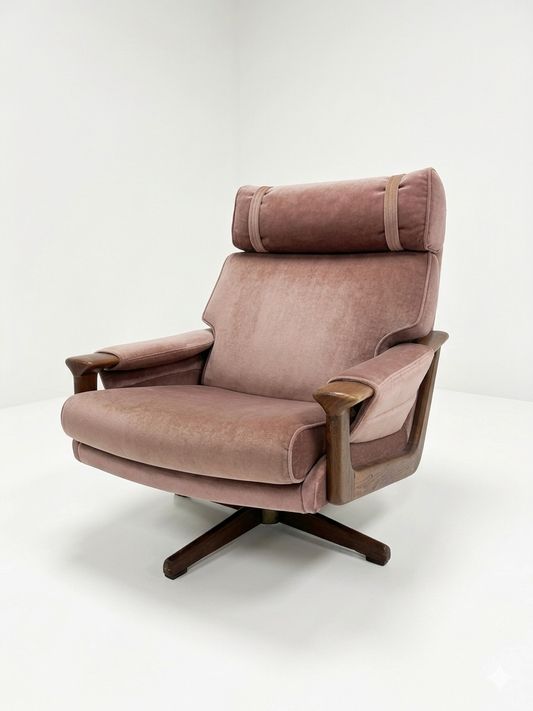 Mid Century Tessa T21 blackwood and dusty pink velvet vintage armchair swivel mcm retro