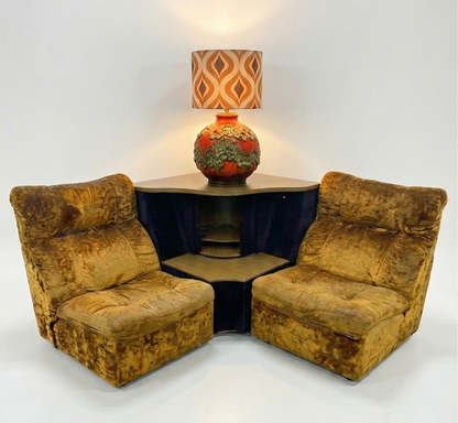 Mid Century Bridgestone ‘Senator’ modular crushed gold velvet brown corner cabinet rotating storage unit sofa lounge five piece