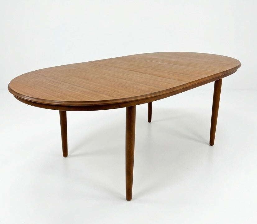 Mid Century Chiswell Nordic teak oval table with extension heat resistant top