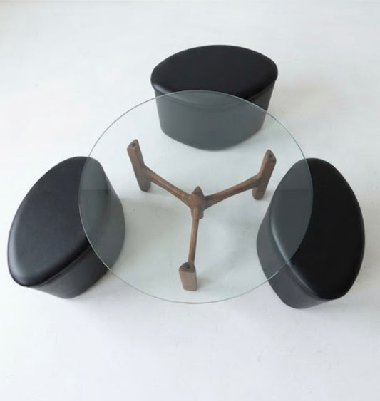 Mid Century T H Brown Fondue coffee table with black vinyl stools